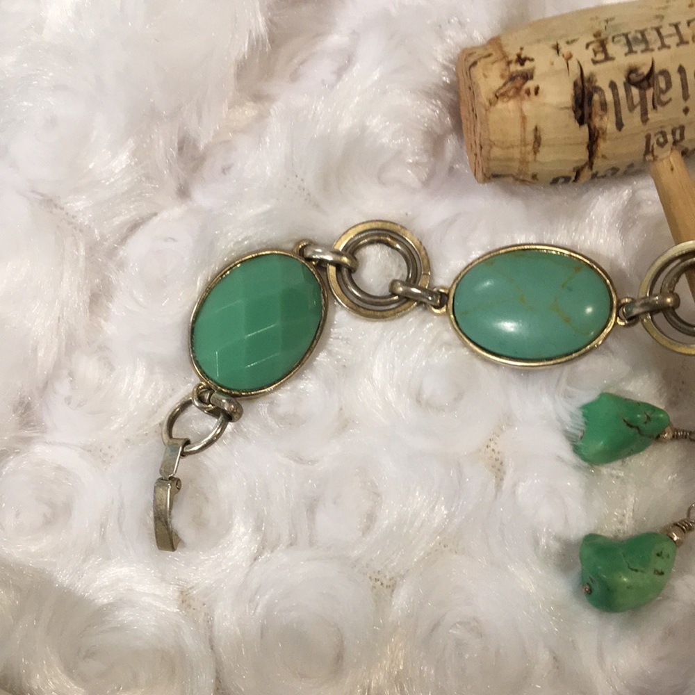 Cut stones link bracelet color aqua greens  bracelet w dangle matching earrings - Picture 6 of 13